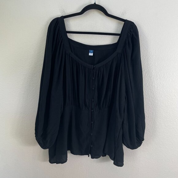 Old Navy Womens Plus 3X Black Peasant Blouse Button Up Square Neck Shirt Top - Picture 2 of 9